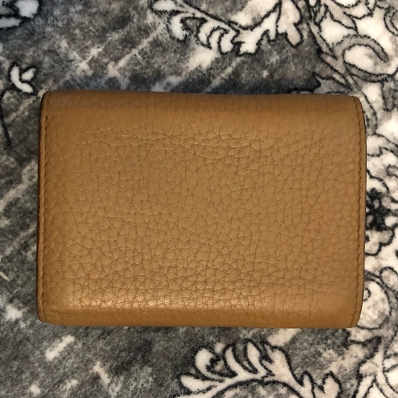 Prada AUTHENTIC Tan Leather Orange Interior Trifold Gold Logo Compact Wallet - Picture 7 of 16